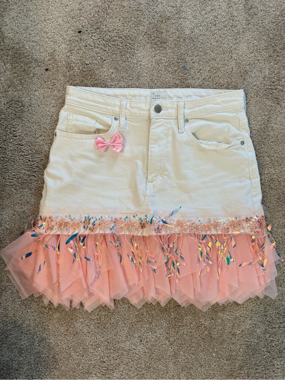 a new day White Denim Mini Skirt with Pink Tulle & Sequin Trim